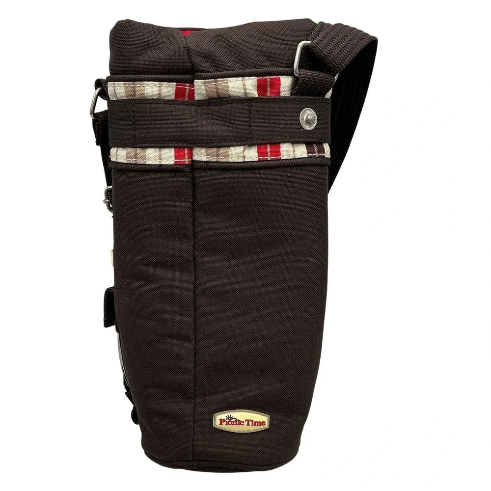 Picnic Time Insulated Wine Bottle Carrier Bag Brown Canvas Plaid with‎ Corkscrew
